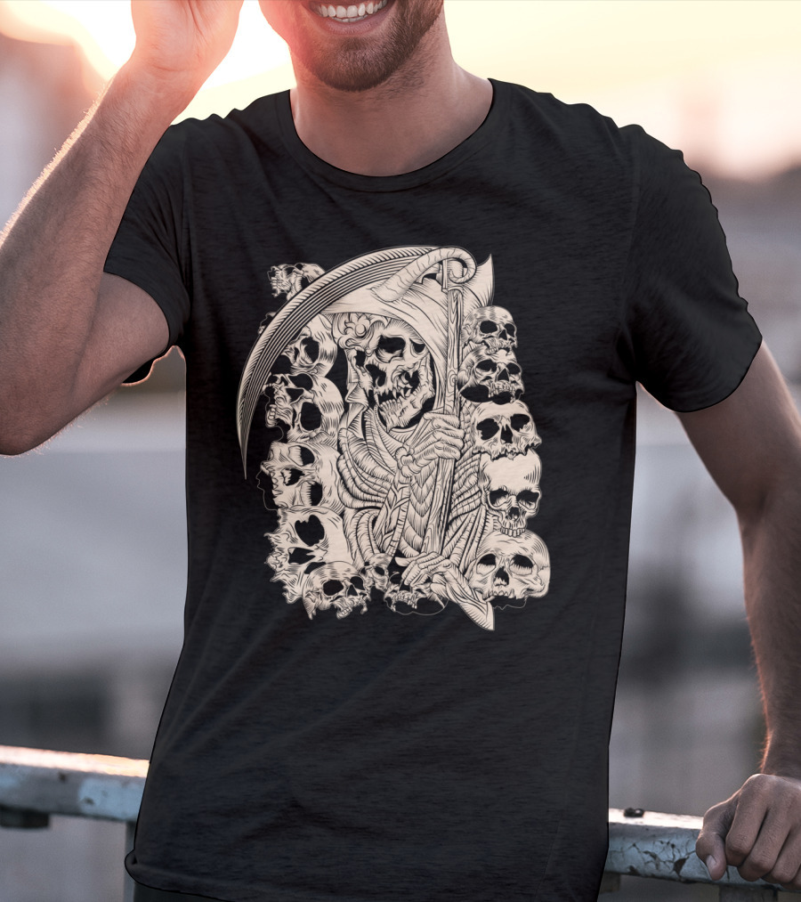 Grim Reaper Skull Scythe Classic Ink Drawing T-Shirt