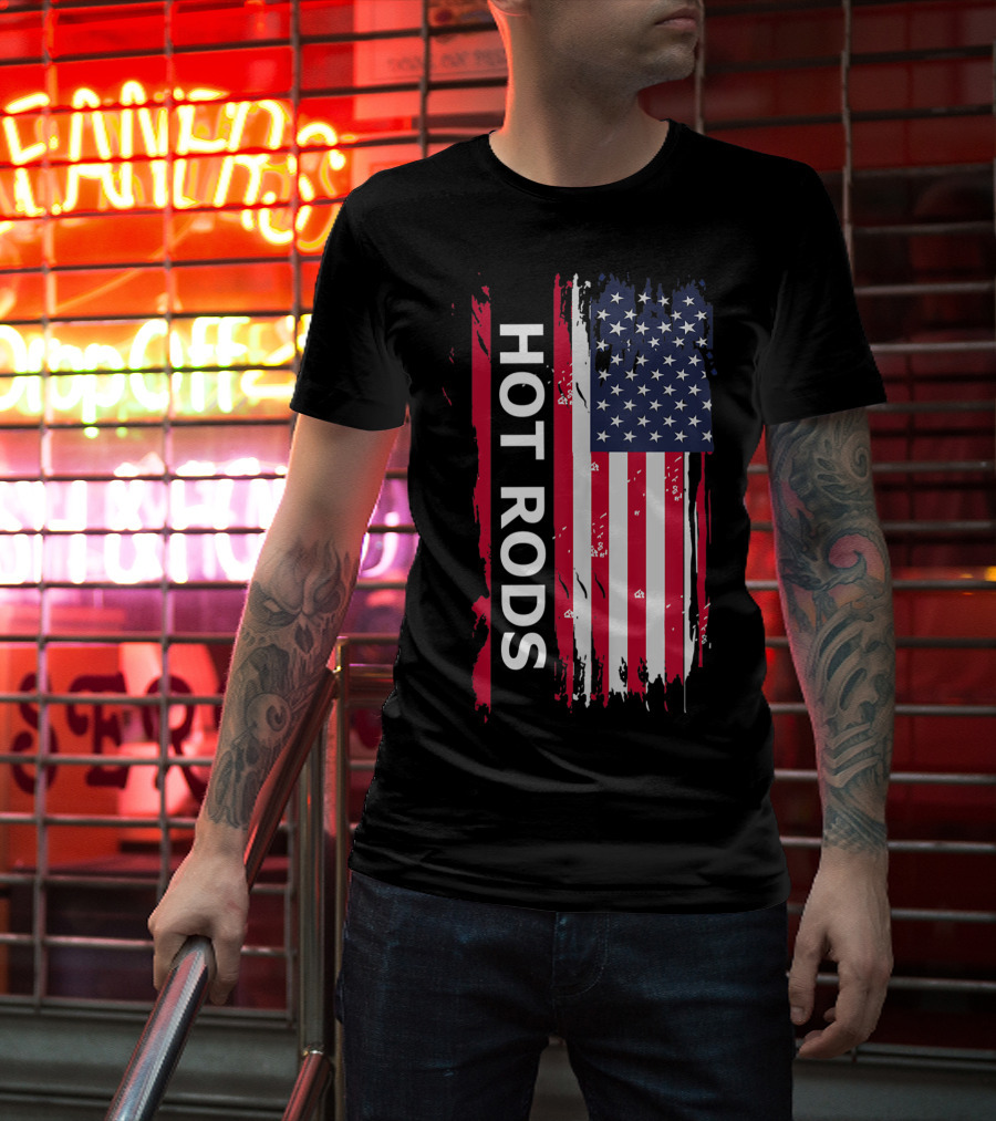 HOT RODS American Flag Classic Muscle Cars T-Shirt