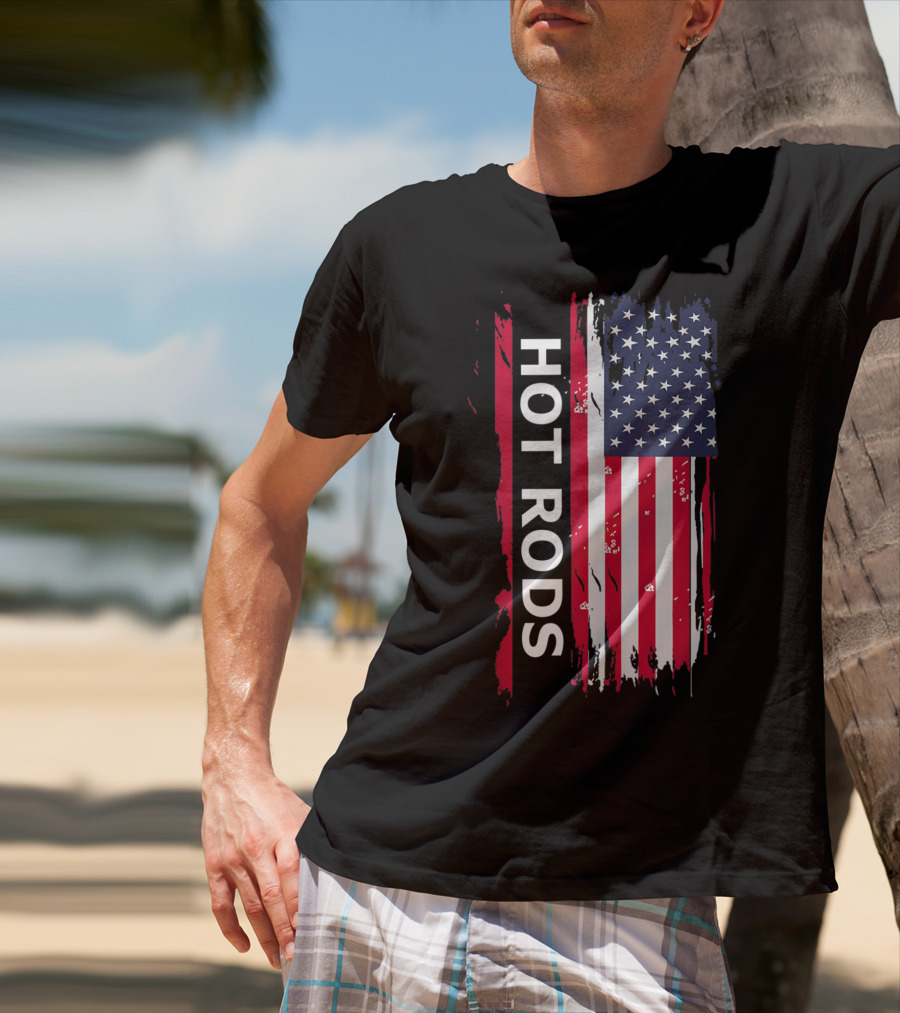 HOT RODS American Flag Classic Muscle Cars T-Shirt