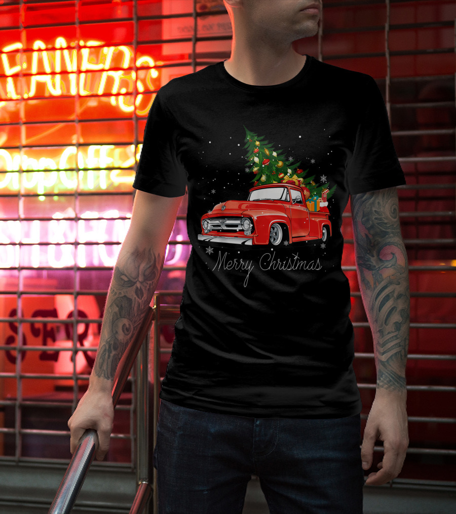 Merry Christmas Red Truck With Christmas Tree And Gifts In Snow T-Shirt