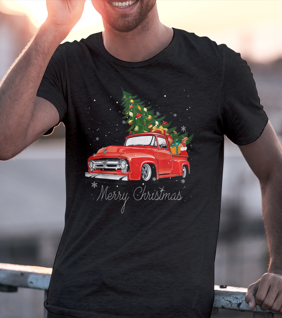 Merry Christmas Red Truck With Christmas Tree And Gifts In Snow T-Shirt