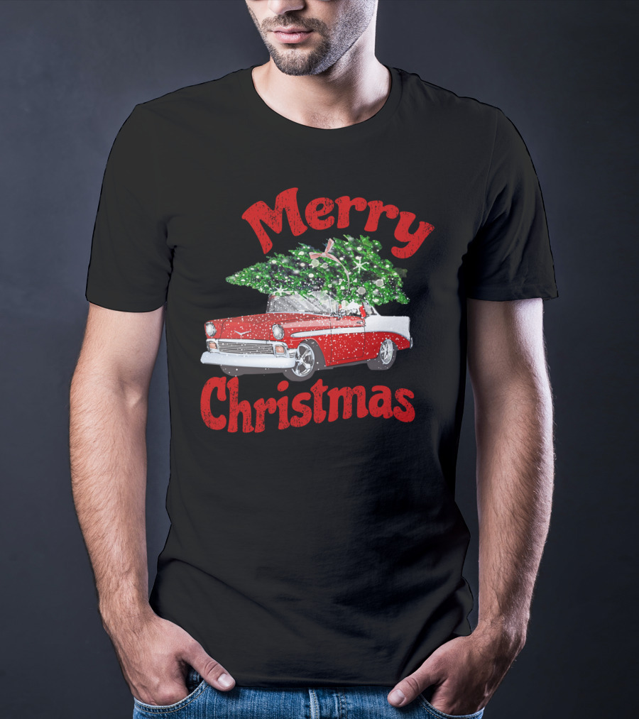 Merry Christmas Vintage Classic Car With Christmas Tree T-Shirt
