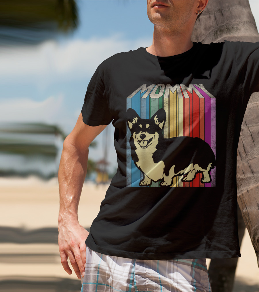 MOMMY Corgi Dog Vintage Rainbow Stripes T-Shirt