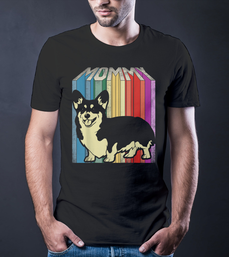 MOMMY Corgi Dog Vintage Rainbow Stripes T-Shirt