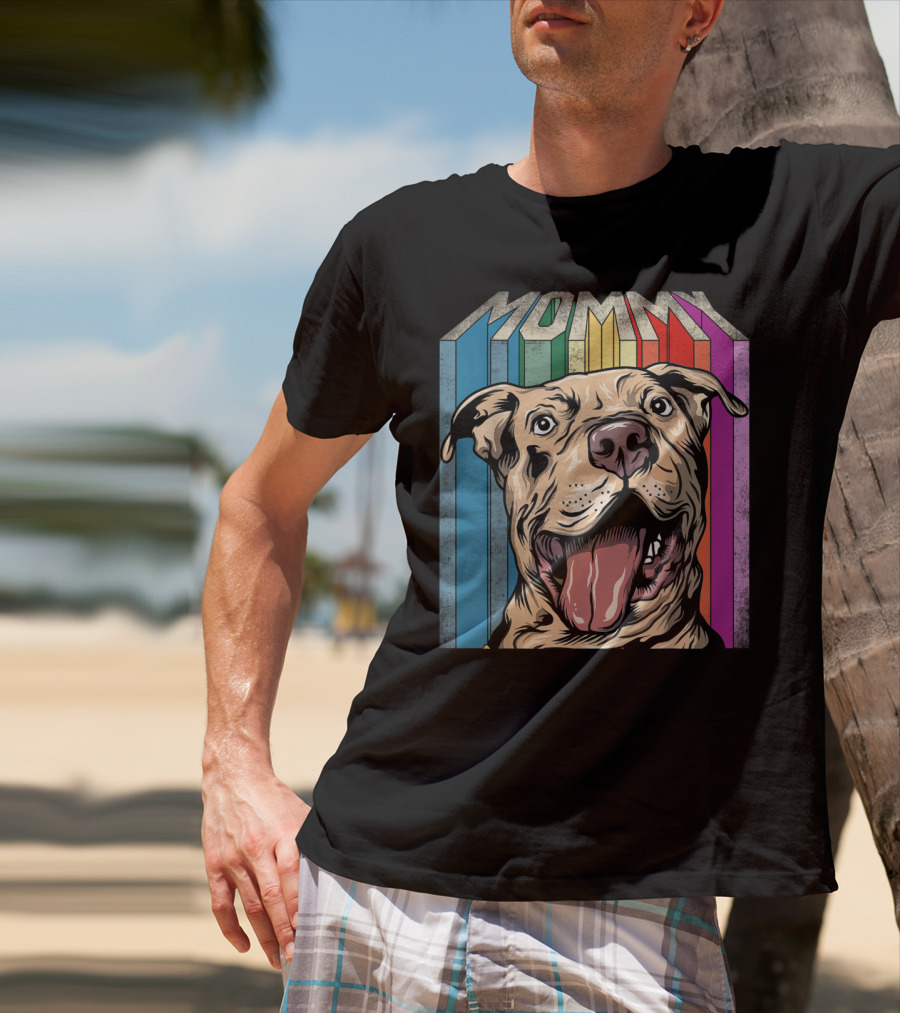 Mommy Pitbull Dog Retro Colorful Stripes T-Shirt