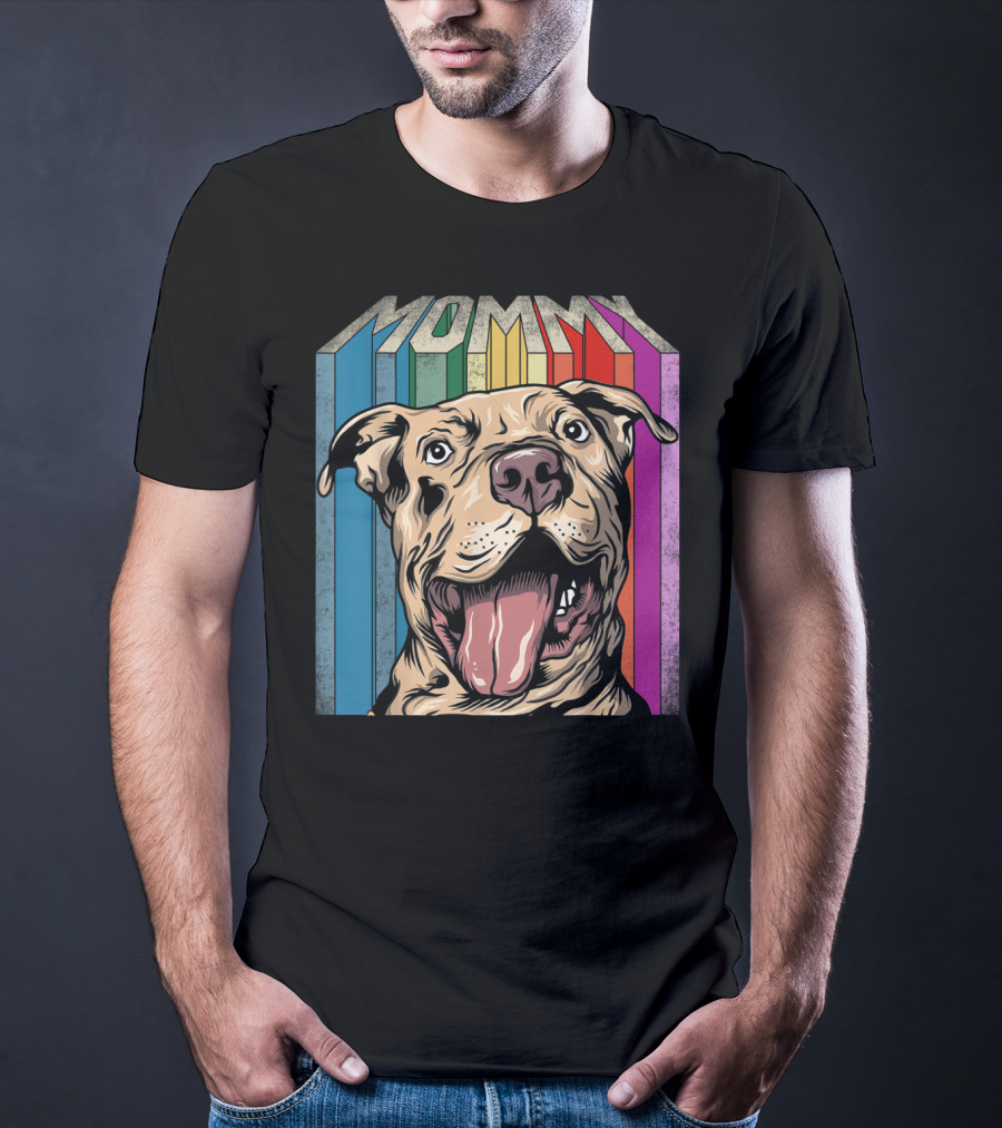 Mommy Pitbull Dog Retro Colorful Stripes T-Shirt