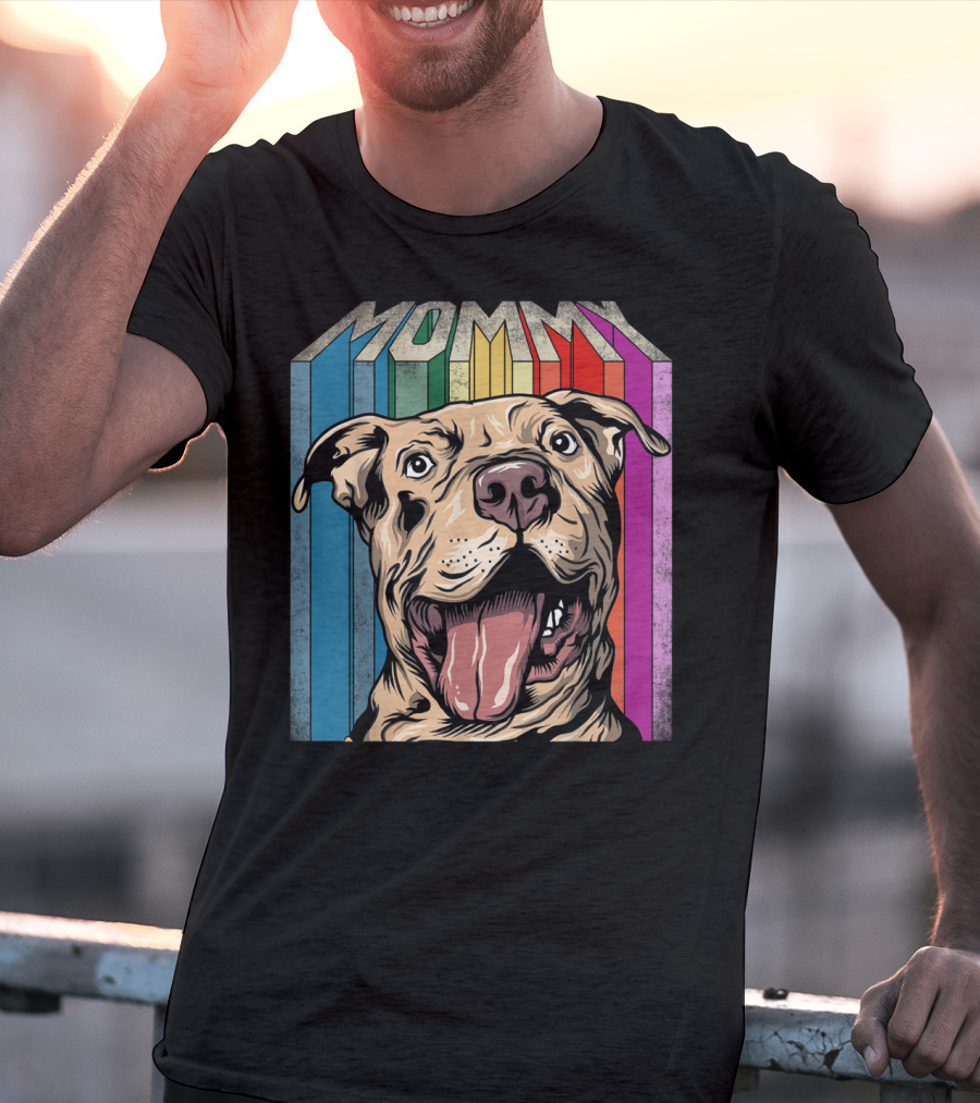 Mommy Pitbull Dog Retro Colorful Stripes T-Shirt