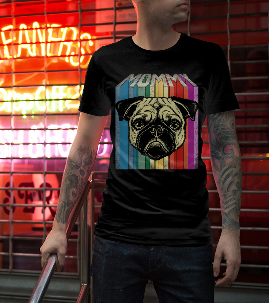Mommy Pug Dog Retro Rainbow Stripes T-Shirt