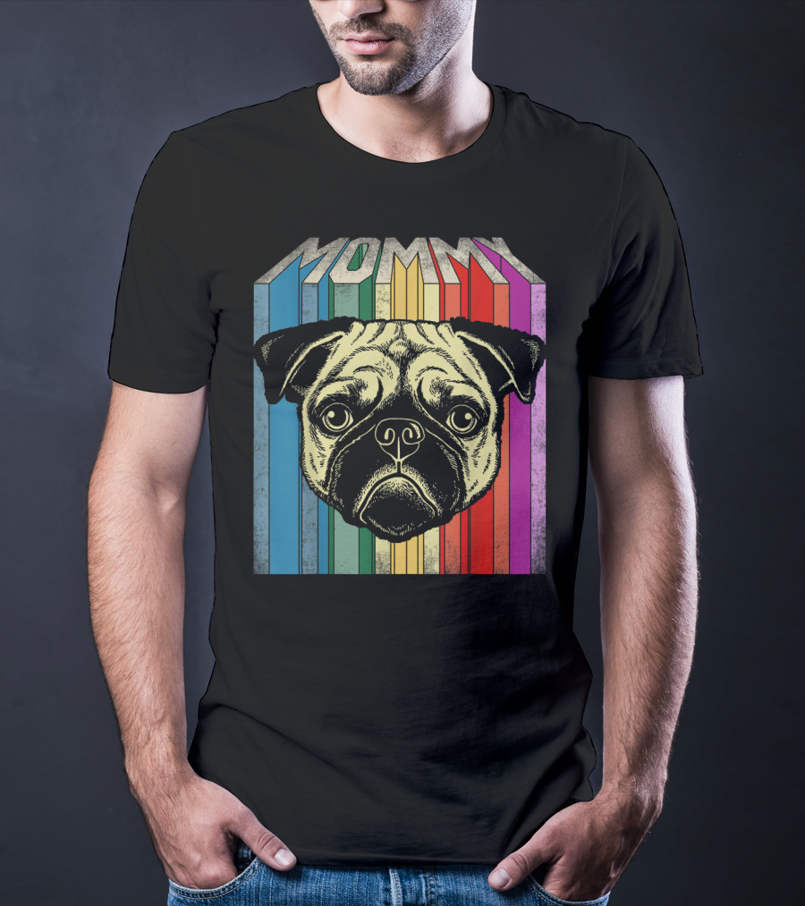 Mommy Pug Dog Retro Rainbow Stripes T-Shirt