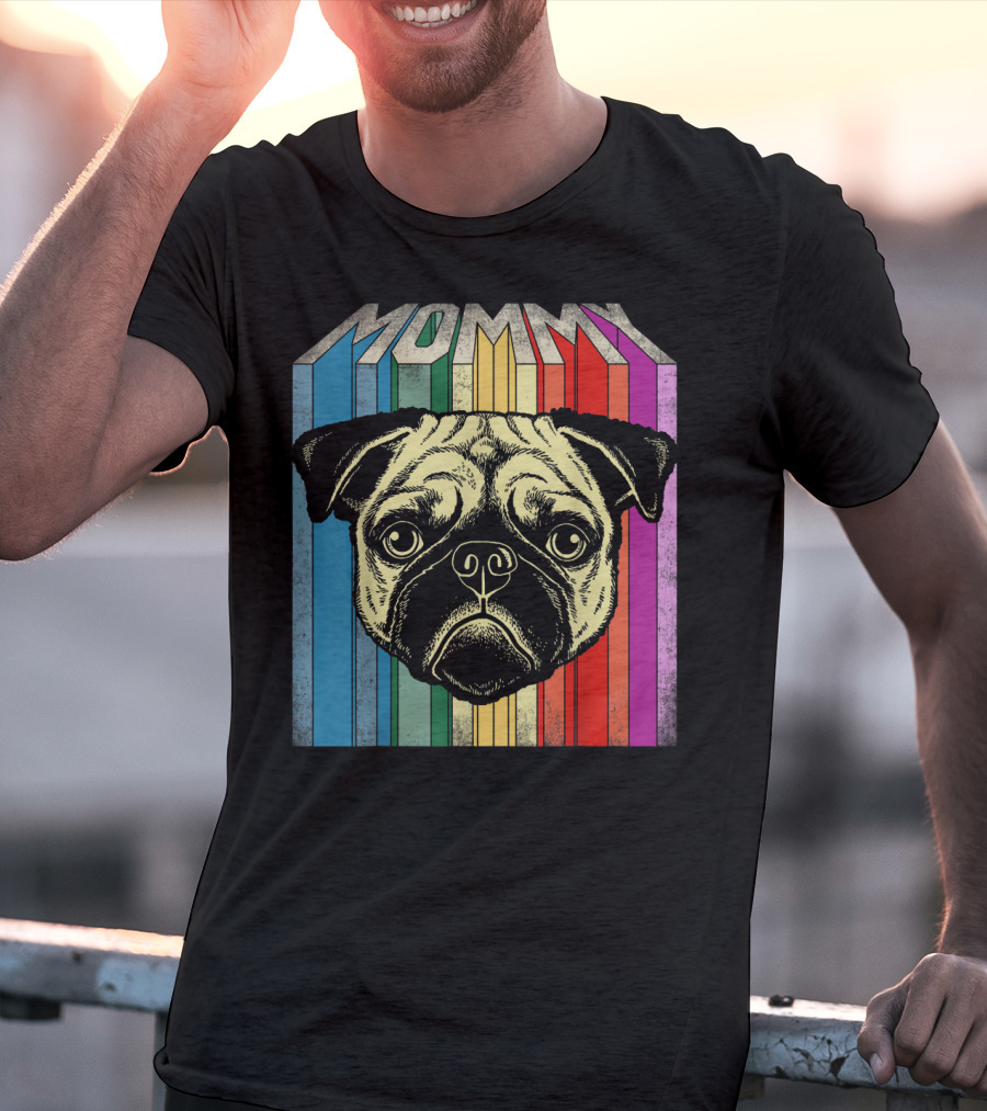 Mommy Pug Dog Retro Rainbow Stripes T-Shirt