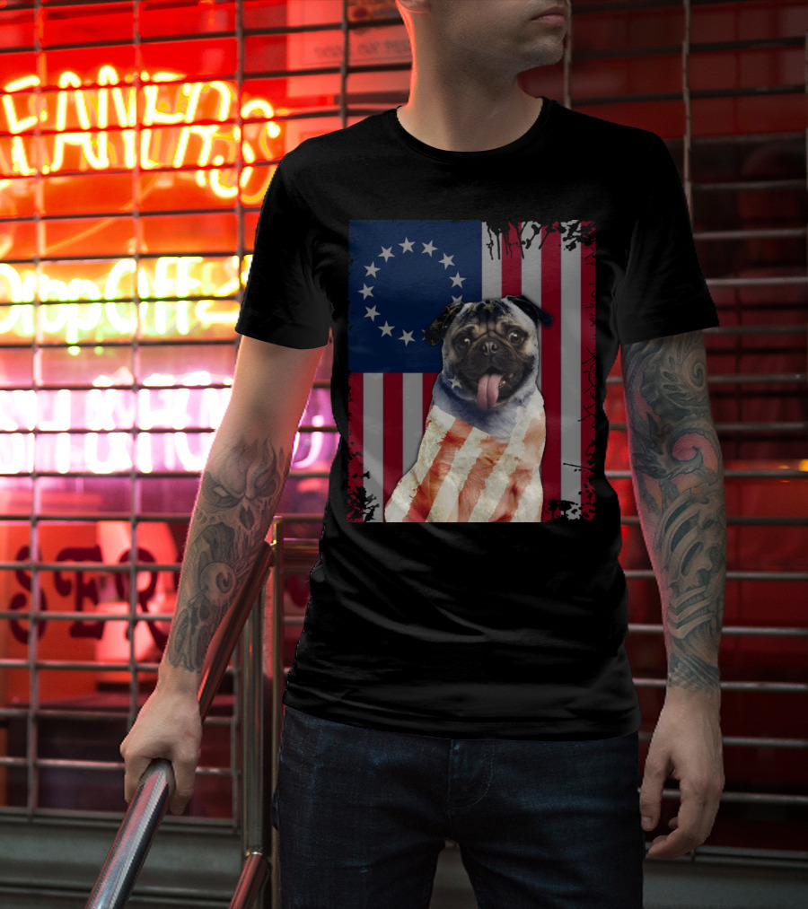Pug Betsy Ross American Flag Costume Patriotic US Flag T-Shirt