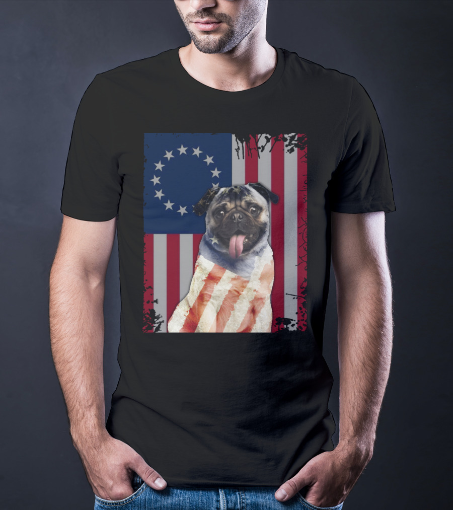 Pug Betsy Ross American Flag Costume Patriotic US Flag T-Shirt