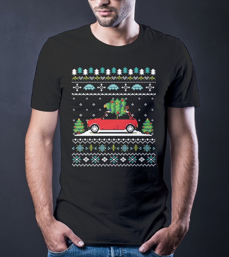 Retro Red Car Christmas Tree Pixel Art Holiday T-Shirt