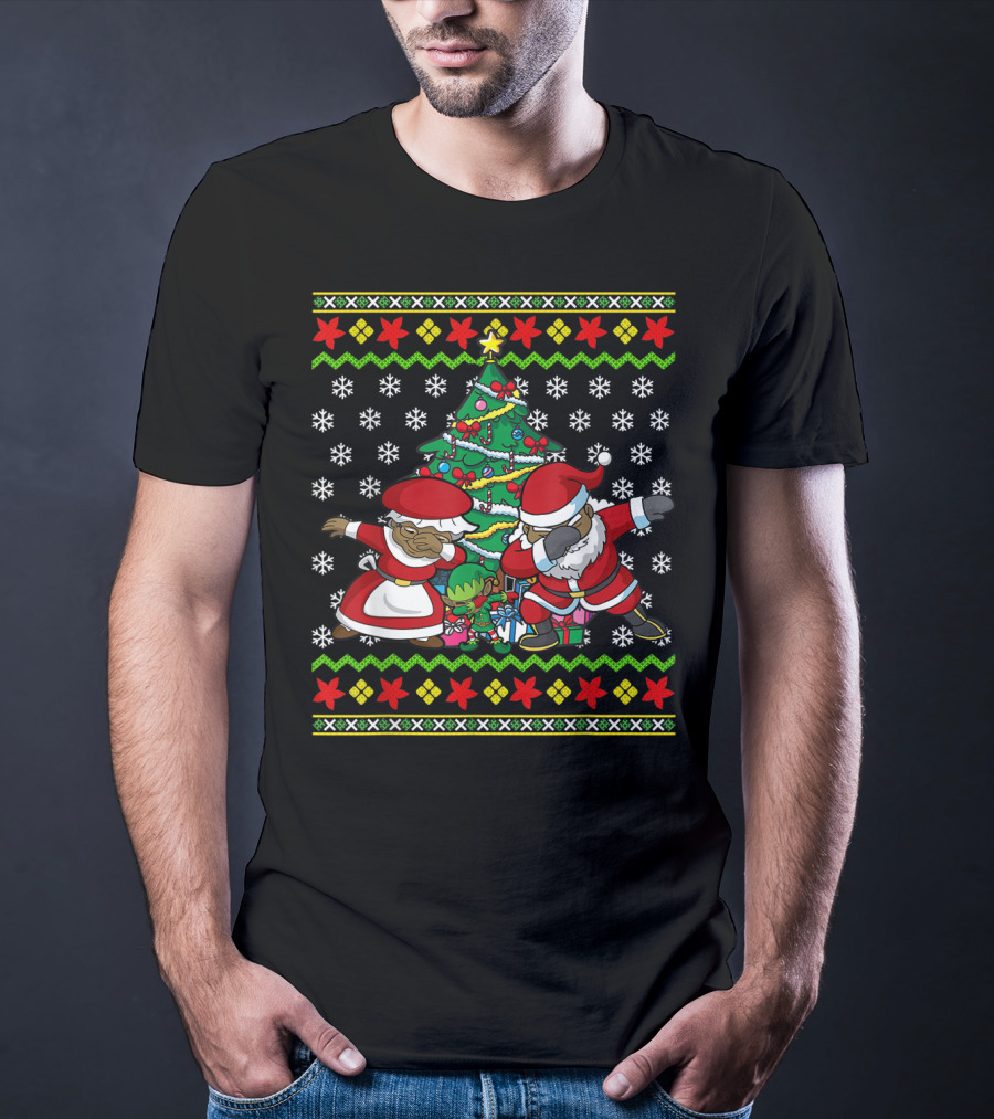 African American Dabbing Santa Mrs Claus Christmas Tree Snowflakes T-Shirt