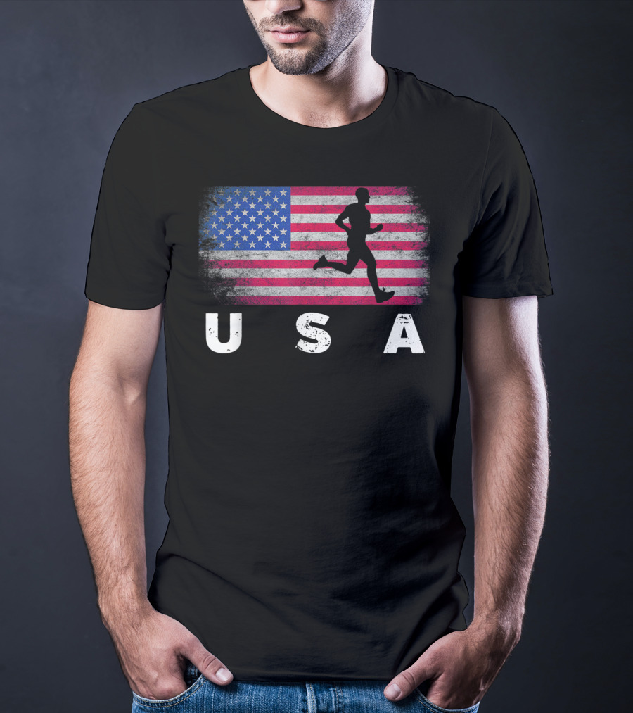 USA American Flag Track Field Running T-Shirt