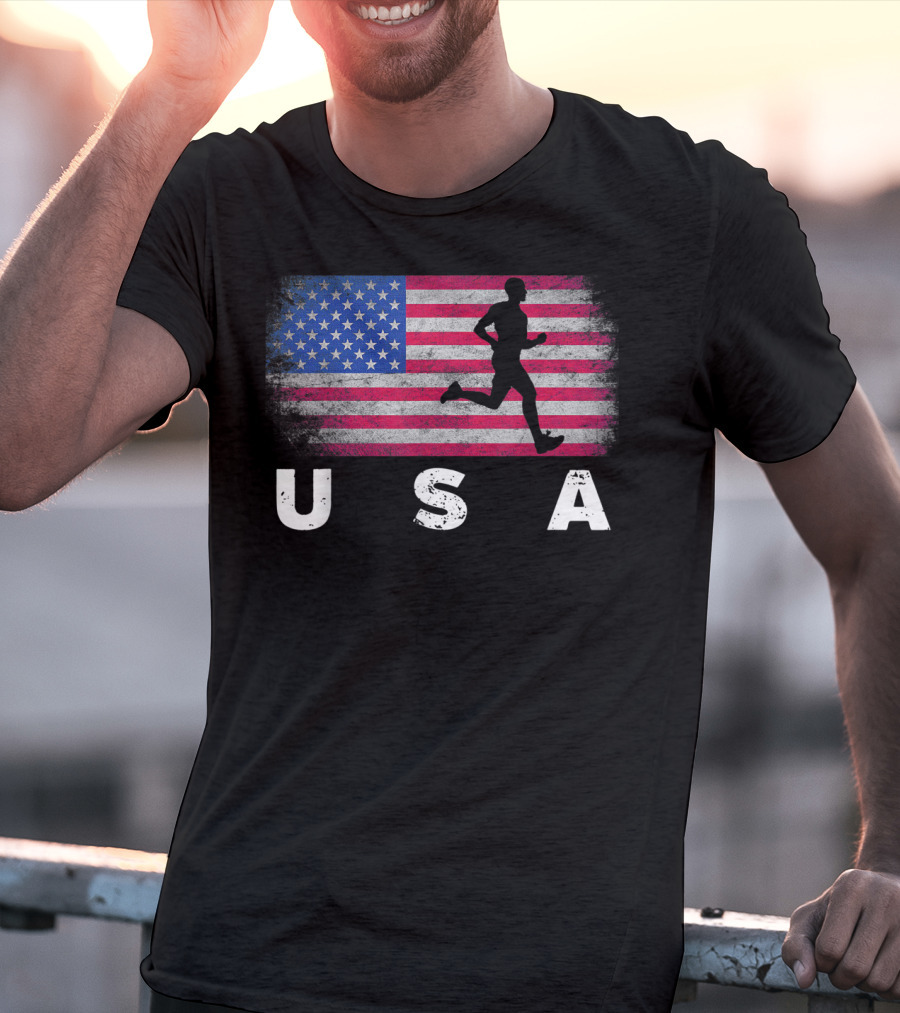 USA American Flag Track Field Running T-Shirt