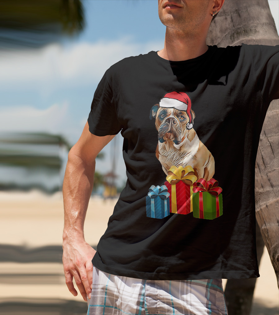 Bulldog With Santa Hat And Holiday Gifts T-Shirt