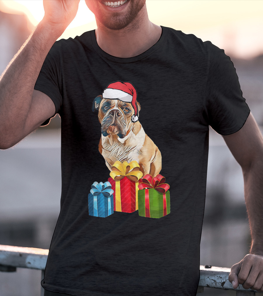 Bulldog With Santa Hat And Holiday Gifts T-Shirt