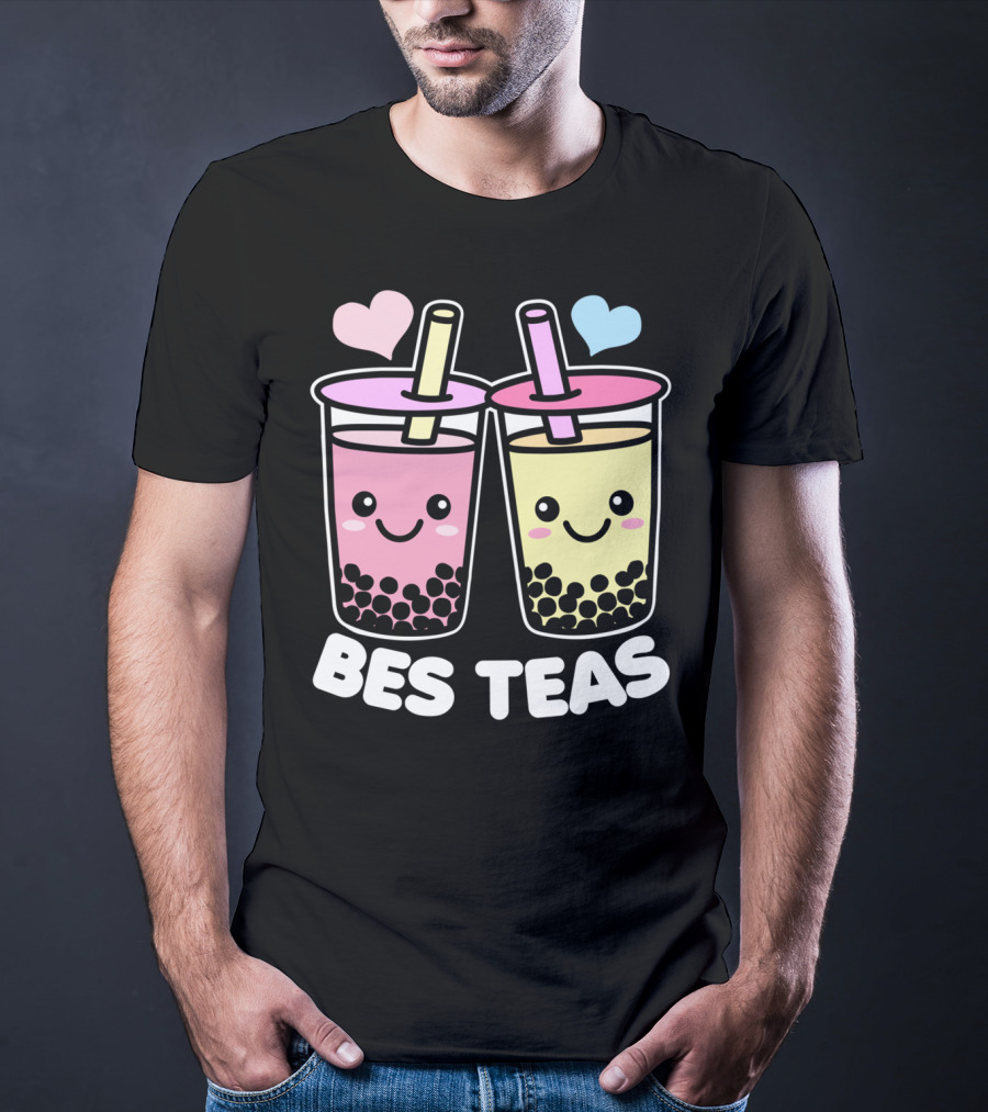 Bes Teas Cute Kawaii Boba Drinks Pink Yellow Hearts T-Shirt
