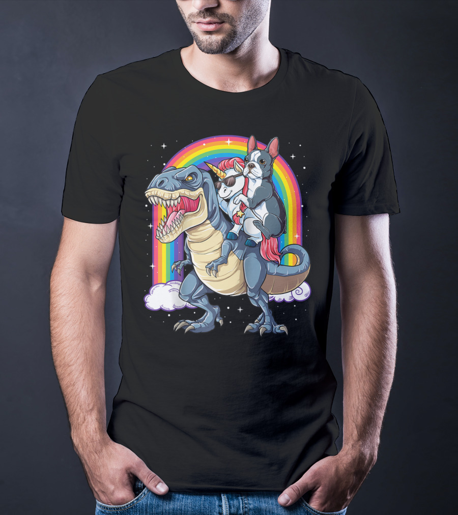 Boston Terrier And Unicorn Riding T-Rex T-Shirt
