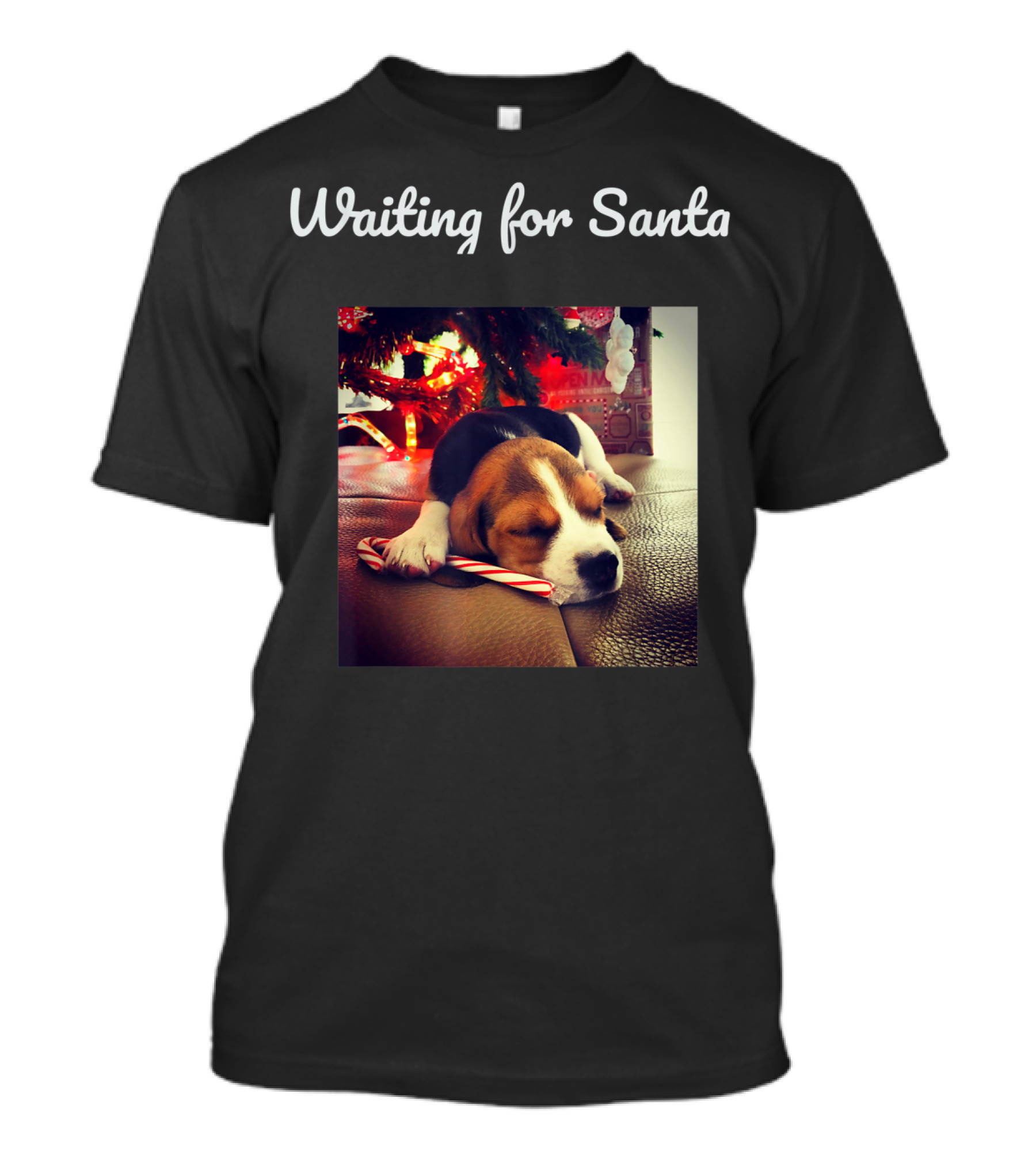 Waiting For Santa Cute Dog Under Christmas Tree With Candy Cane T-Shirt