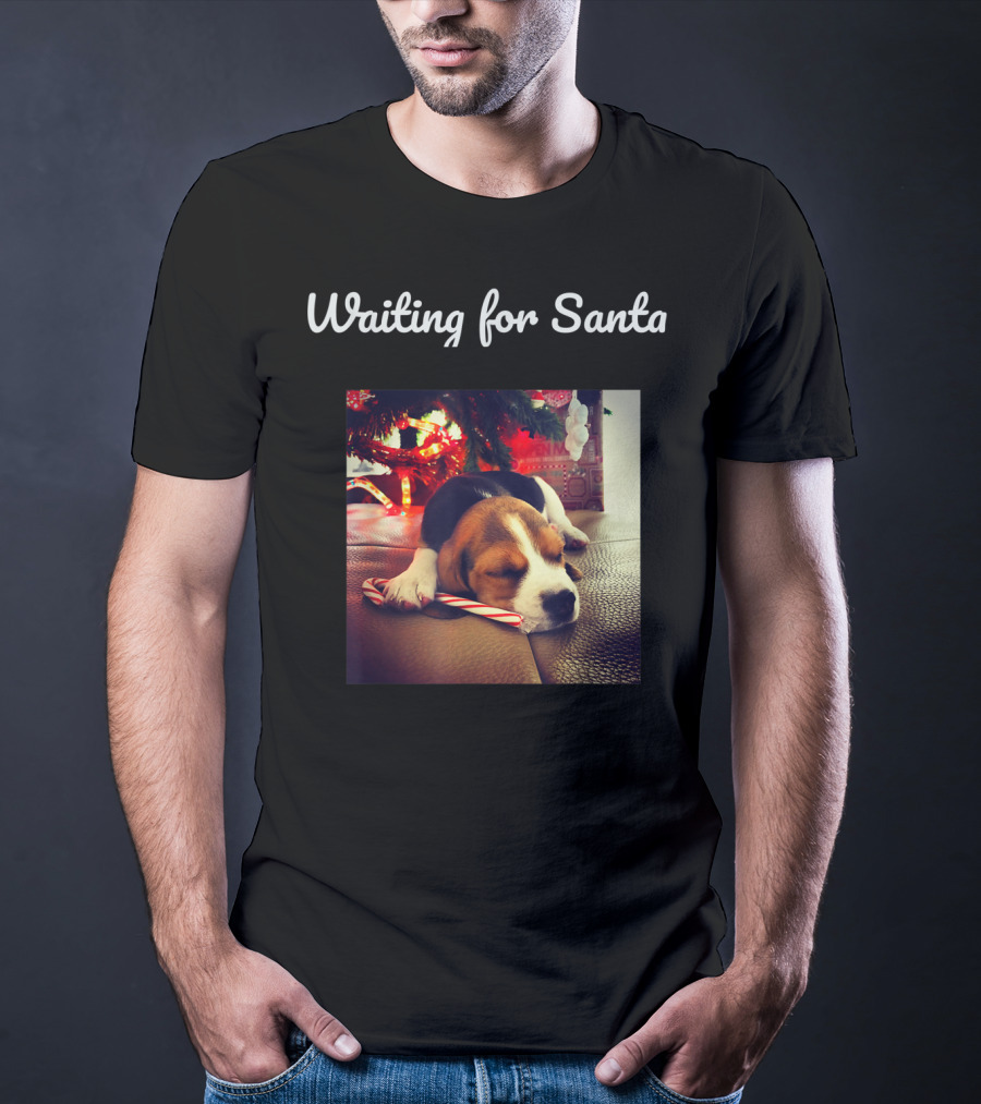 Waiting For Santa Cute Dog Under Christmas Tree With Candy Cane T-Shirt
