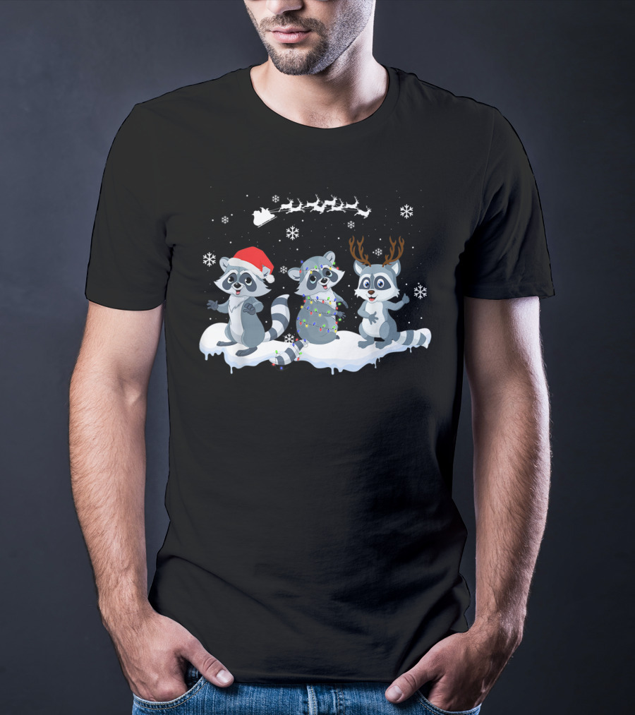 Christmas Cute Raccoon Santa Reindeer Snowflakes Sleigh T-Shirt