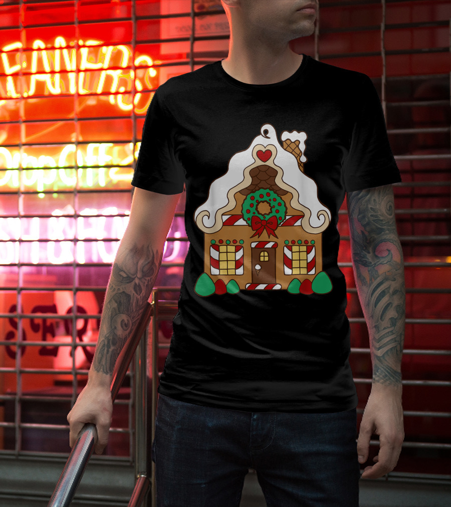Christmas Gingerbread House With Candy Cane And Wreath T-Shirt