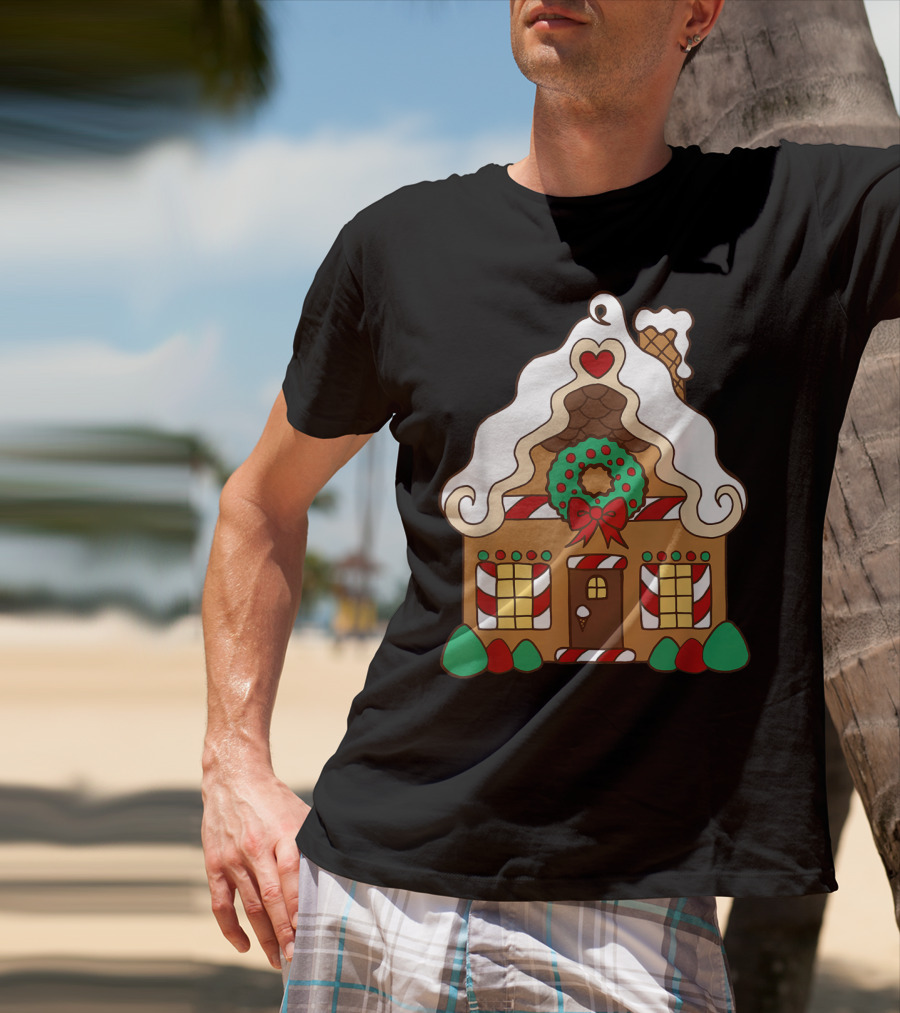 Christmas Gingerbread House With Candy Cane And Wreath T-Shirt