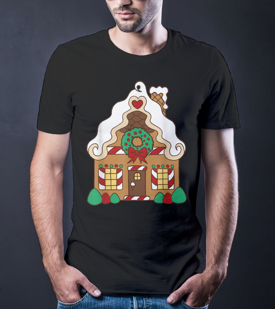 Christmas Gingerbread House With Candy Cane And Wreath T-Shirt