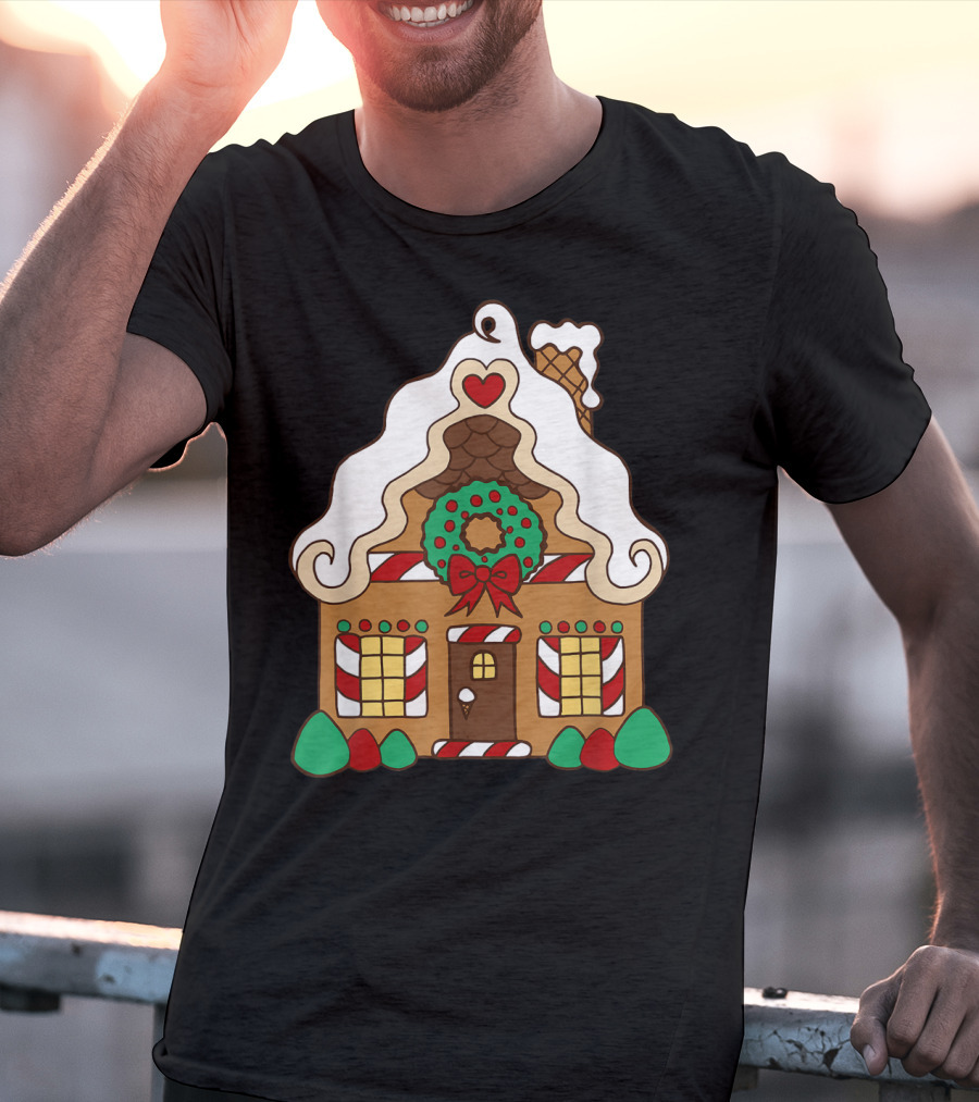 Christmas Gingerbread House With Candy Cane And Wreath T-Shirt