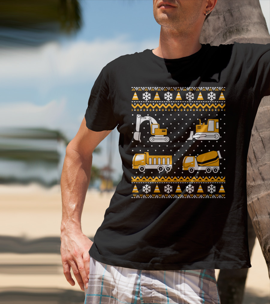 Construction Excavator Bulldozer Dump Truck Cement Mixer Snowflakes T-Shirt