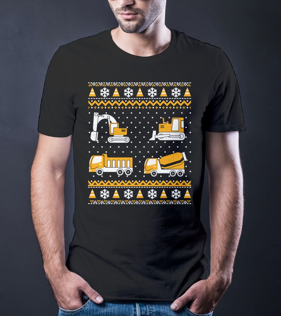 Construction Excavator Bulldozer Dump Truck Cement Mixer Snowflakes T-Shirt