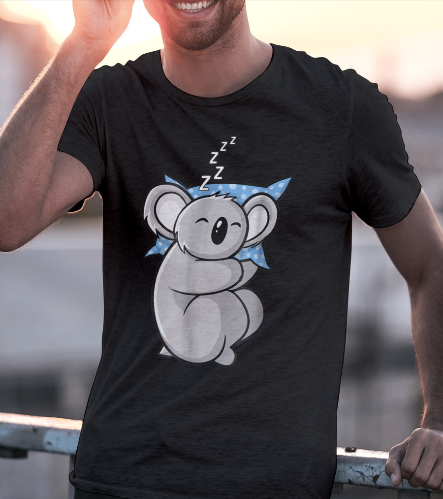 Cute Koala Bear Lazy Sleeping Animal With Blue Polka Dot Pillow T-Shirt