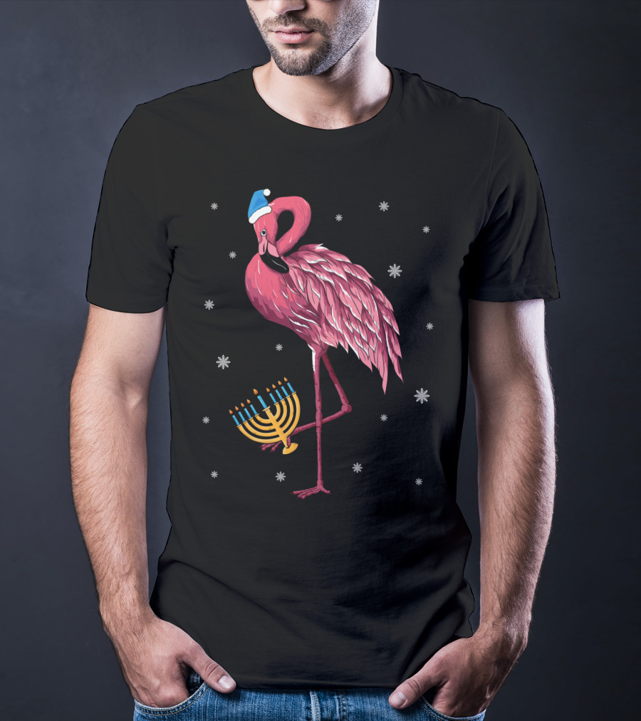 Cute Menorah Flamingo Hanukkah Chanukah With Snowflakes T-Shirt