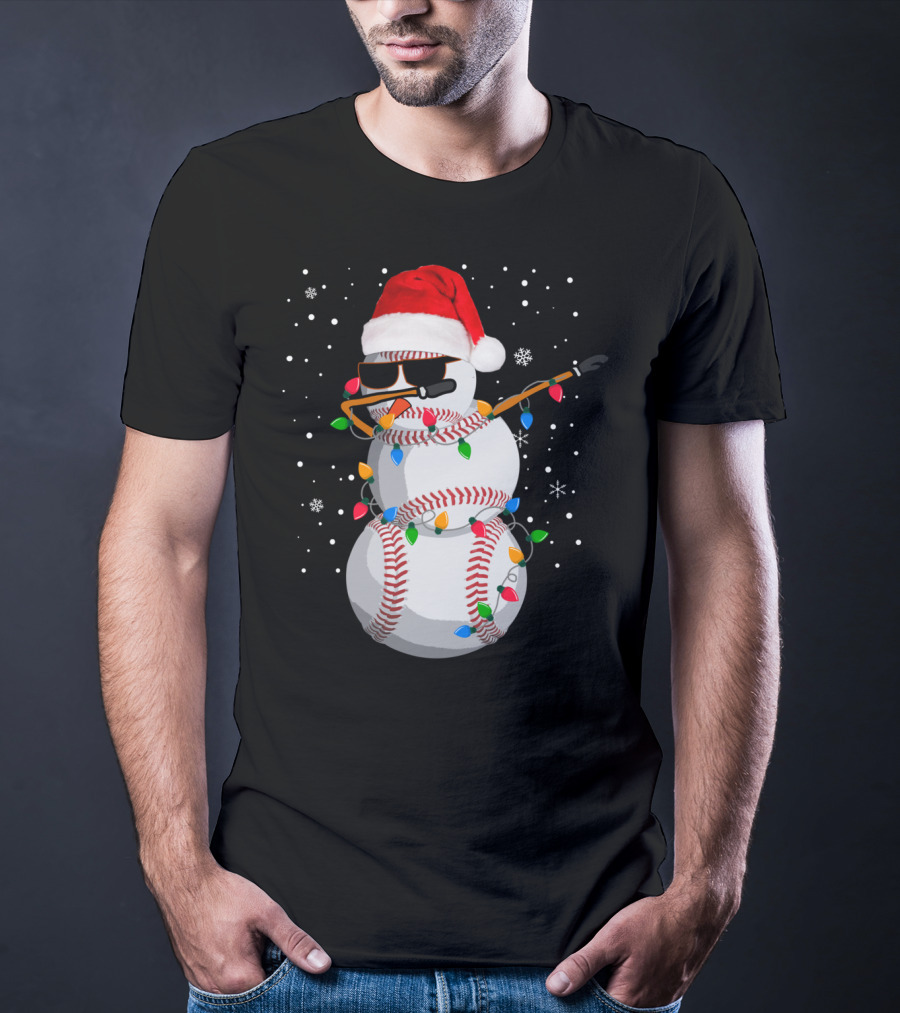 Dabbing Snowman Baseball Christmas Lights Santa Hat Sunglasses T-Shirt