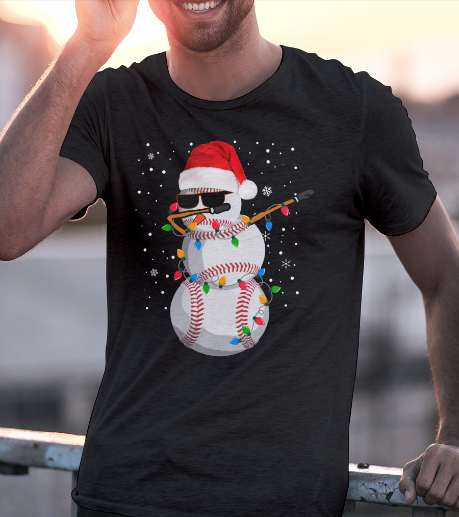 Dabbing Snowman Baseball Christmas Lights Santa Hat Sunglasses T-Shirt