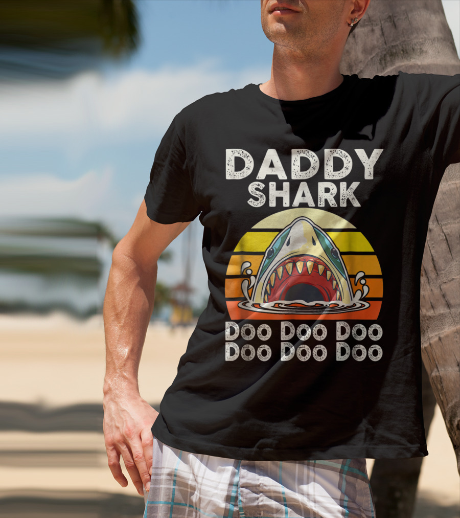 Daddy Shark Doo Doo Doo Doo Doo Doo Funny Sunset Shark Face T-Shirt