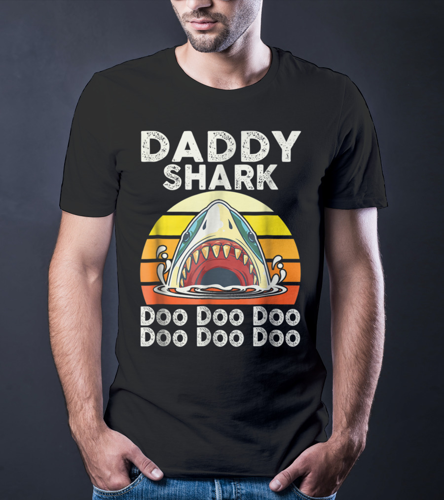 Daddy Shark Doo Doo Doo Doo Doo Doo Funny Sunset Shark Face T-Shirt