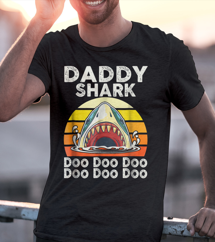 Daddy Shark Doo Doo Doo Doo Doo Doo Funny Sunset Shark Face T-Shirt