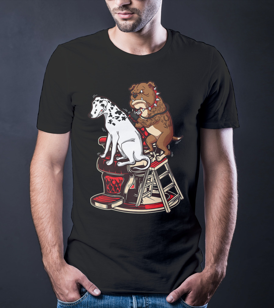 Dalmatian And Tattoo Artist Bulldog On Barber Chair T-Shirt