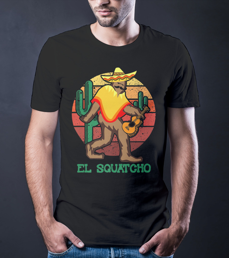 El Squatcho Mexican Sasquatch Bigfoot Cinco De Mayo Cactus Sunset Sombrero Guitar T-Shirt