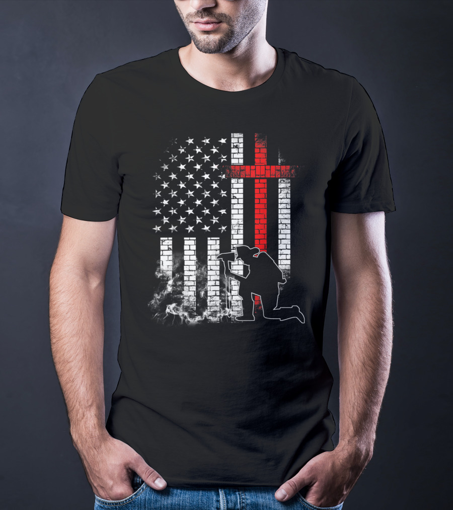 Fireman Kneeling With Axe Over American Flag And Thin Red Line Cross T-Shirt