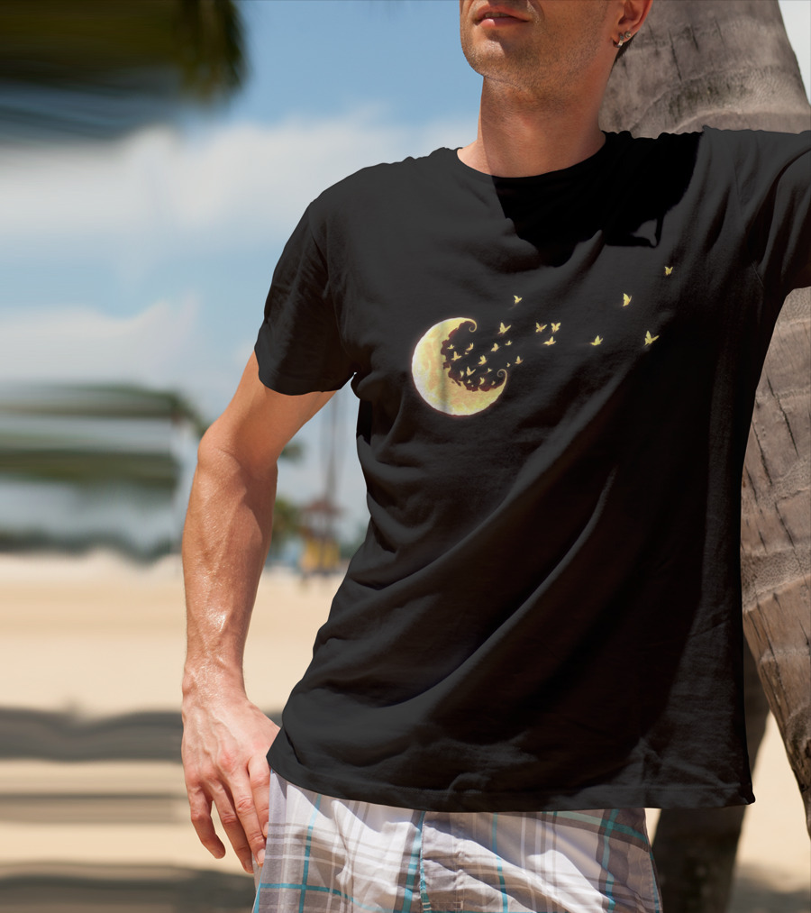 Flying Butterflies From Rainbow Crescent Moon T-Shirt