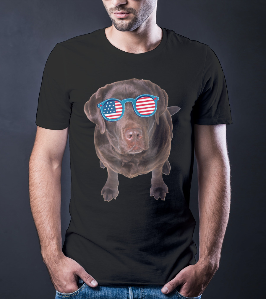 Funny Chocolate Lab Wearing American Flag Sunglasses T-Shirt