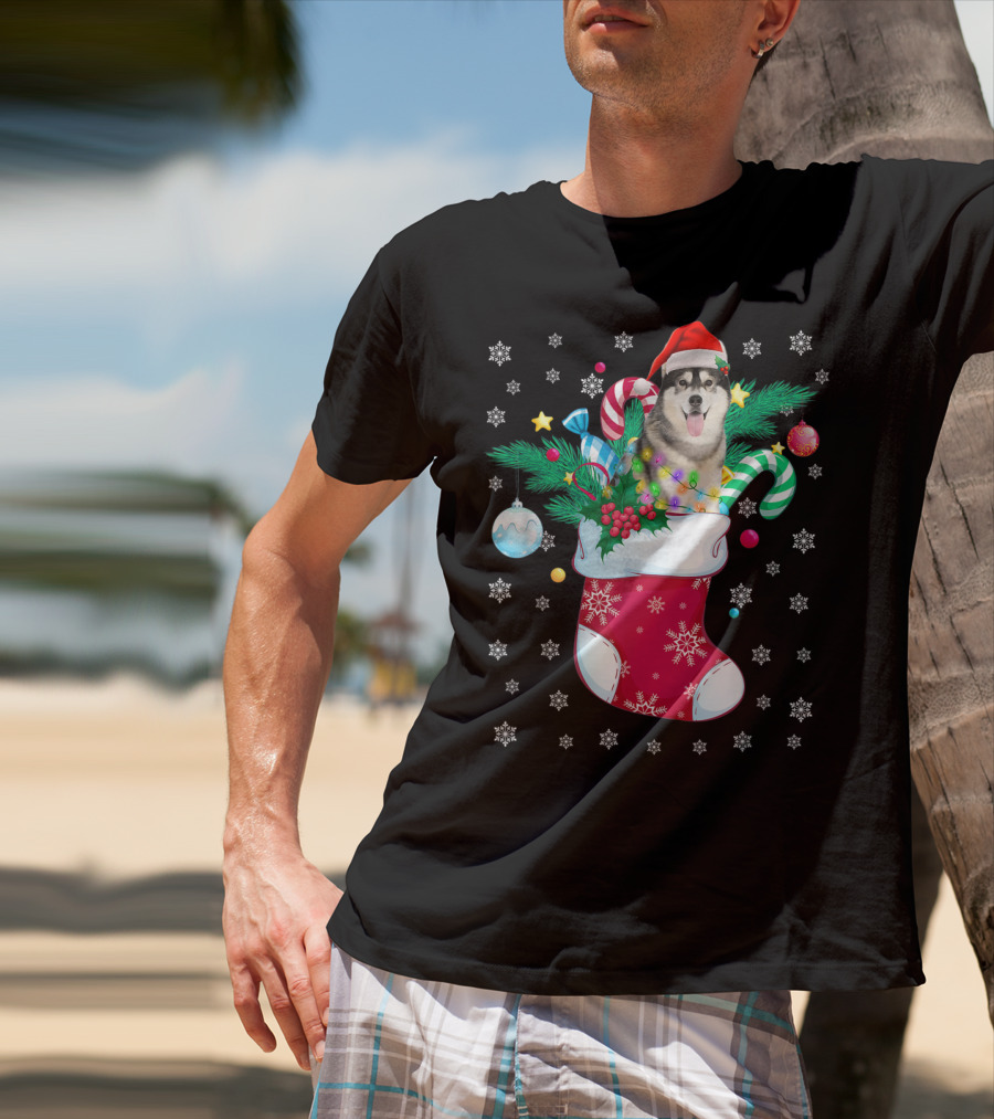 Christmas Siberian Husky With Santa Hat In Festive Sock T-Shirt