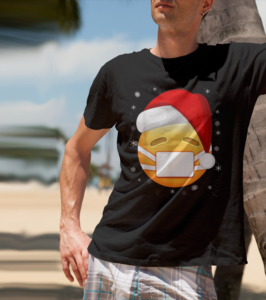 Funny Face With Medical Mask Emojis Santa Hat Snowflakes T-Shirt