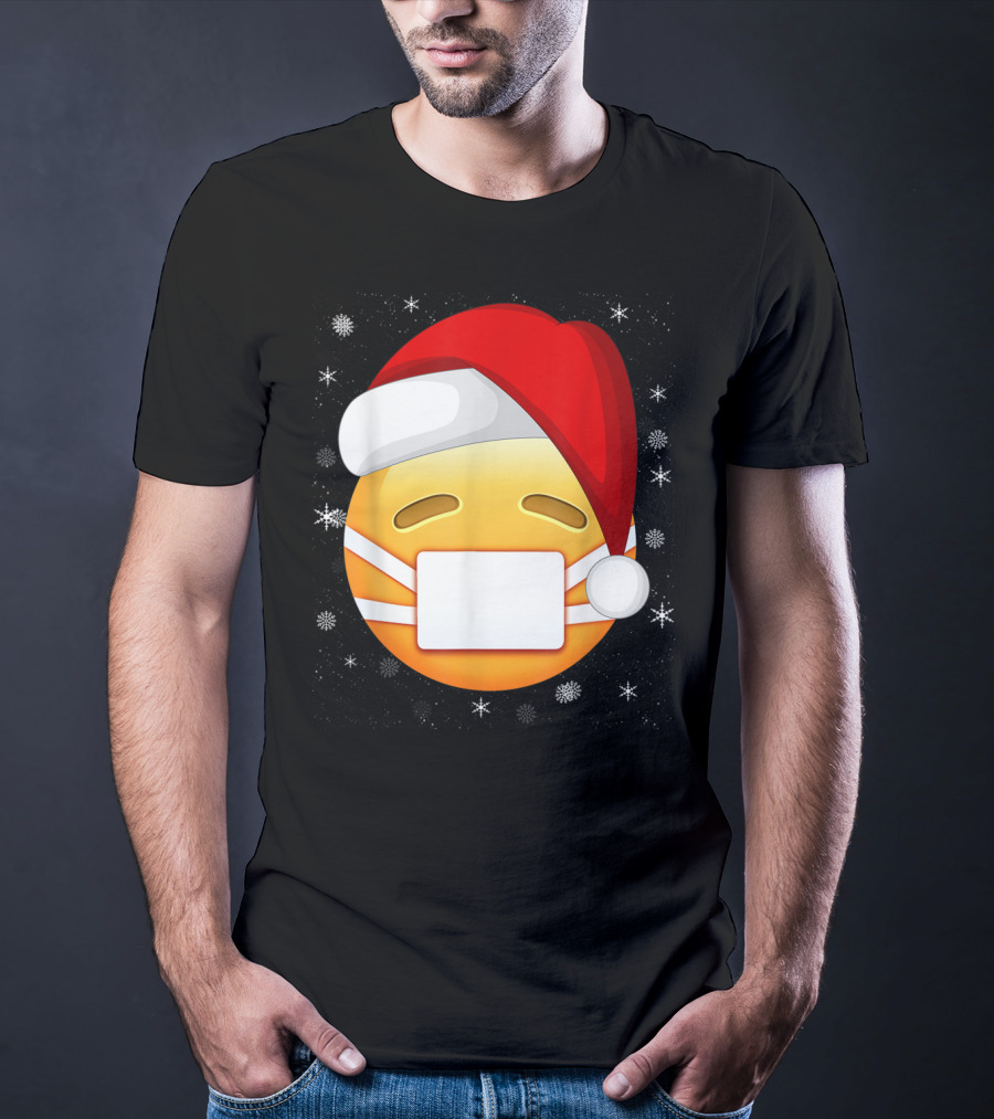 Funny Face With Medical Mask Emojis Santa Hat Snowflakes T-Shirt