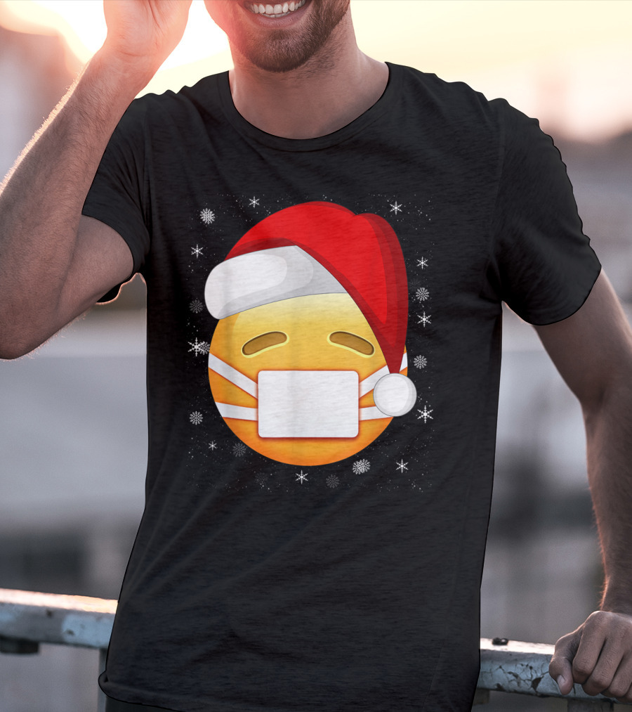 Funny Face With Medical Mask Emojis Santa Hat Snowflakes T-Shirt
