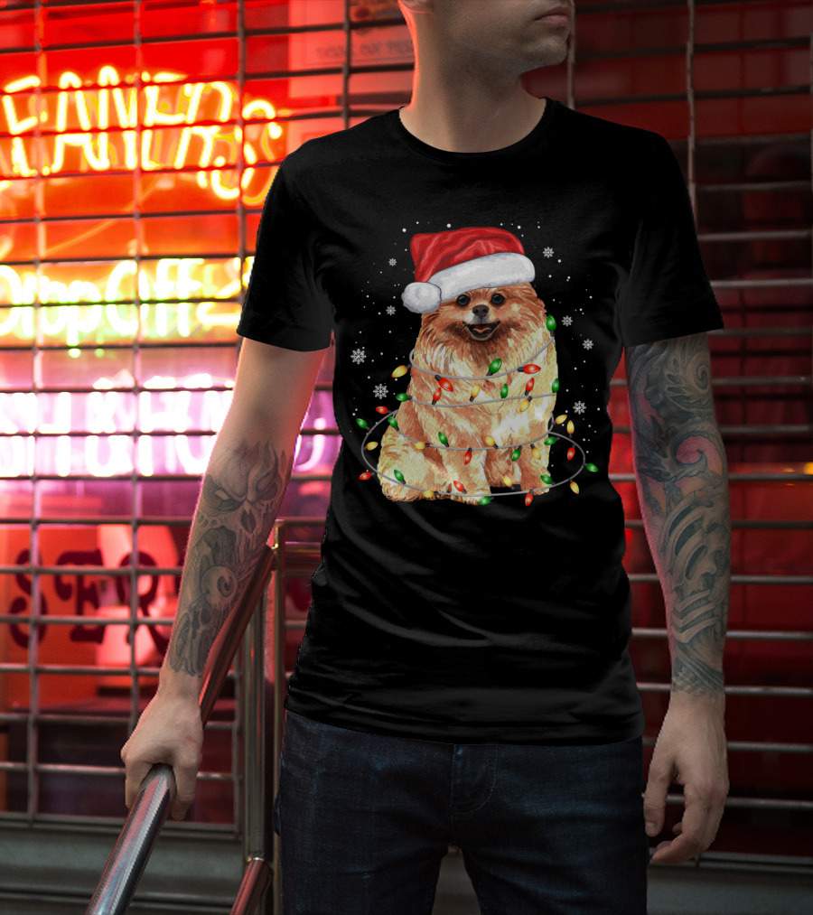 Pomeranian In Santa Hat With Christmas Lights And Snowflakes T-Shirt